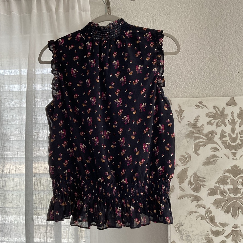 J. Crew Black Sleeveless Floral Ruffled Neck Blouse - Picture 4 of 5